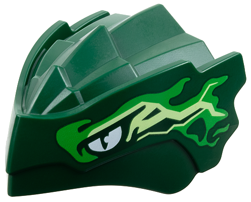 Dragon Head (Ninjago) with Stepped Top and Pin Hole on Back with White Eyes, Bright Green and Yellowish Green Energy Markings Pattern