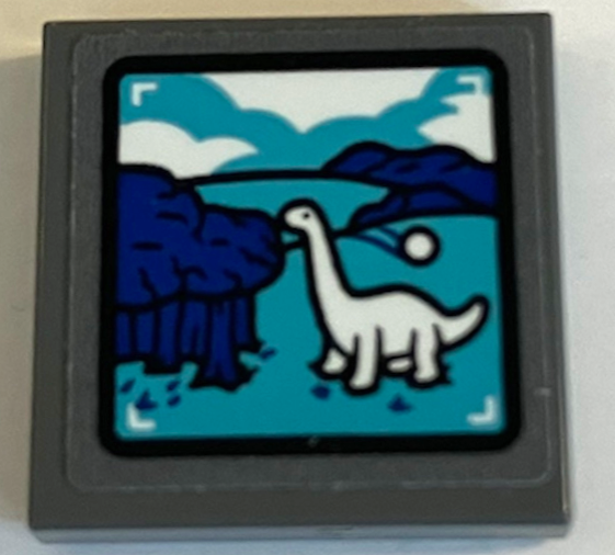 Tile 2 x 2 with White Brachiosaurus, Blue Trees, Dark Turquoise Hills and Clouds on Screen Pattern (Sticker) - Set 75941