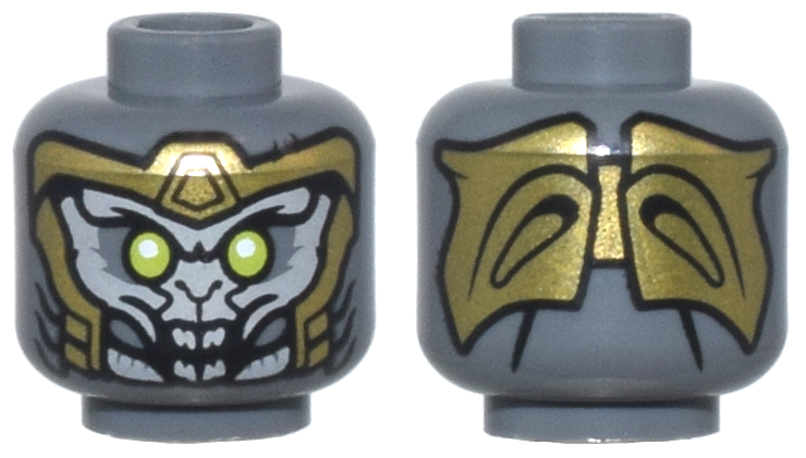 LEGO part Minifigure, Head Alien with Lime Eyes, Light Bluish Gray Face, Gold Armor, and Open Mouth with Teeth Pattern - Hollow Stud 3626pb2852