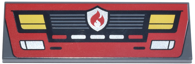 Tile 2 x 6 with Red Fire Engine Front End with Grille, Silver Reflectors and Fire Badge and Yellow Headlights Pattern