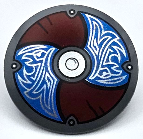 Minifigure, Shield Circular Convex Face with Blue and Dark Red Alternating Panels with Silver Center Circle and Odin's Ravens Pattern