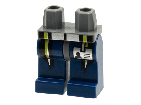 LEGO part Hips and Dark Blue Legs with Silver and Lime Stripes and ID Card Pattern 970c63pb02