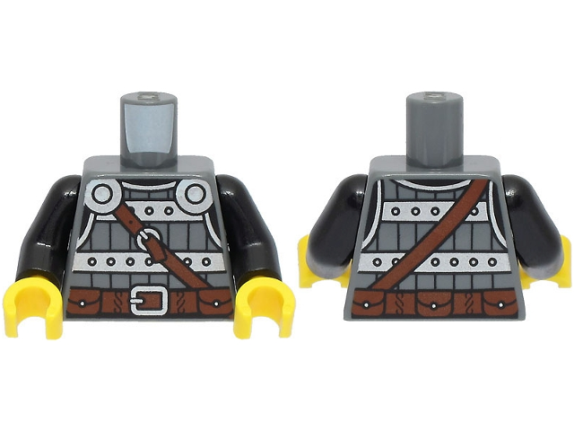 Torso Viking Armor, Metal Studded Breastplate, Silver Shoulder Disks, Reddish Brown Strap and Belt with Buckle Pattern / Black Arms / Yellow Hands