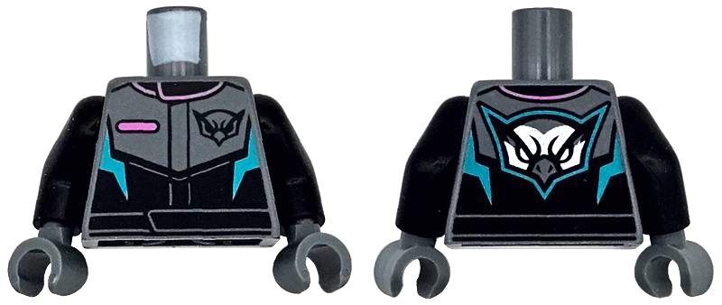 LEGO onderdeel Torso Racing Suit with Dark Pink Pocket and Collar Trim, Dark Turquoise Angled Panels, Black Hawk Head Logo Pattern / Black Arms / Dark Bluish Gray Hands 973pb5525c01