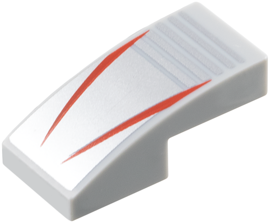 Slope, Curved 2 x 1 x 2/3 with 2 Red Stripes on Silver Background with Notches Pattern