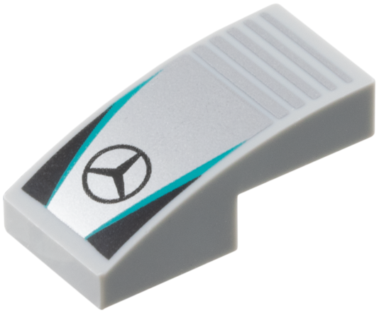 Slope, Curved 2 x 1 x 2/3 with Mercedes Logo on Silver Background with Notches, Dark Turquoise Stripes, Black Triangles Pattern