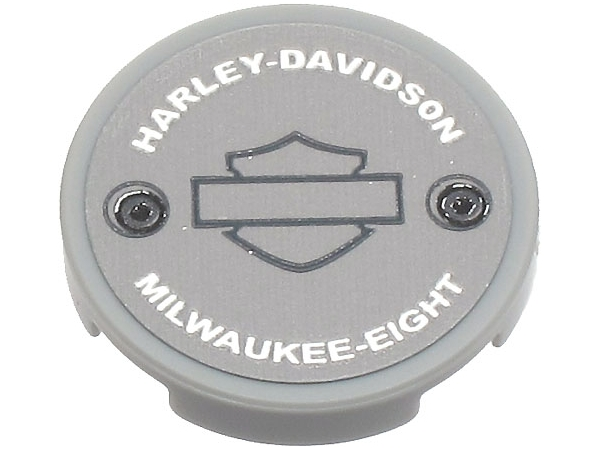 Tegel, Rond 2 x 2 met Onderkant Studs Houder met Zilveren 'HARLEY-DAVIDSON' en 'MILWAUKEE-EIGHT' Patroon (Sticker) - Set 10269