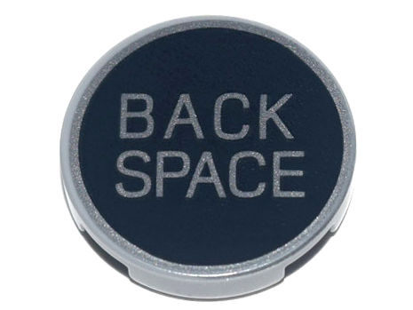 Tile, Round 2 x 2 with Bottom Stud Holder with Metallic Silver 'BACK SPACE' Pattern