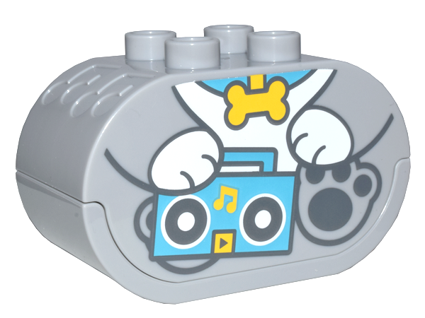 Duplo, Steen 2 x 4 x 2 Ovaal met Geluid, Witte Knop en Geëmbosste Muzieknoten met Puppy Lichaam met Boombox Patroon