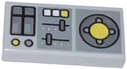LEGO onderdeel Tile 1 x 2 with Vehicle Control Panel, Silver Sliders, Yellow Buttons, Dark Bluish Gray Panels Pattern (3069pb0847)