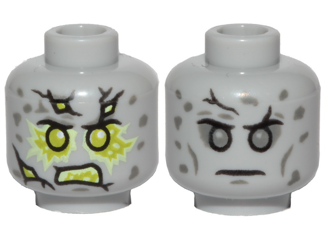 Minifigure, Head Dual Sided Stone Cracks, Dark Bluish Gray Spots, Lime Energy, Angry / Neutral Pattern - Hollow Stud