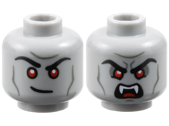 LEGO onderdeel Minifigure, Head Dual Sided Black Eyebrows, Red Eyes, Dark Bluish Gray Contours, Lopsided Grin / Scowl with Open Mouth and Fangs Pattern - Vented Stud 3626pb3678
