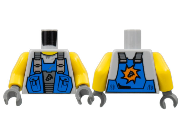 LEGO part Torso Power Miners Blue Vest with Pockets and Drill Tip over Sweaty Shirt Pattern / Yellow Arms / Dark Bluish Gray Hands 973pb0536c01