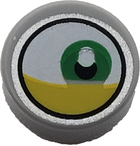 Tile, Round 1 x 1 with White Eye with Off-Center Green Iris and Partially Closed Yellow Eyelid Pattern