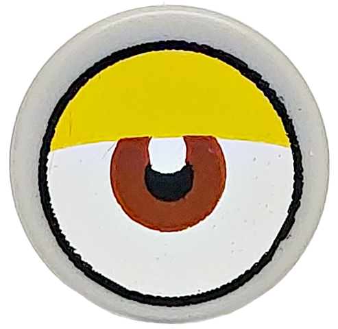 Tile, Round 1 x 1 with White Eye with Centered Reddish Brown Iris and Partially Closed Curved Yellow Eyelid Pattern