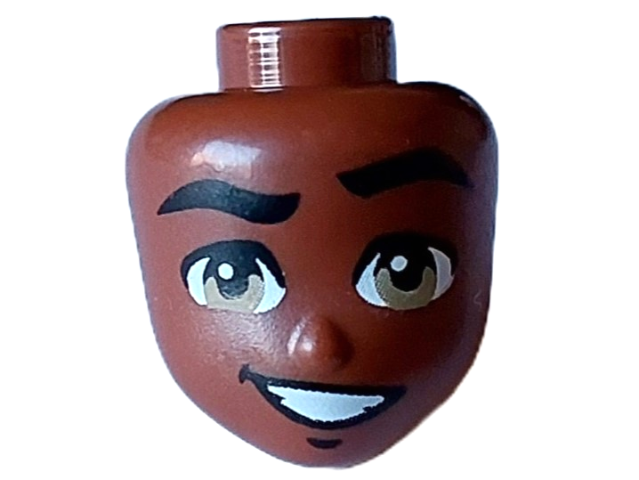 Mini Doll, Head Friends Male with Wavy Black Eyebrows, Dark Tan Eyes, and Lopsided Open Mouth Smile with Teeth Pattern