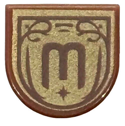 Tile, Round 1 x 1 Half Circle Extended with Dark Brown Letter E / M / W in Ornate Frame on Gold Background Pattern