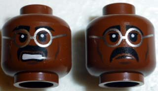 Minifigure, Head Dual Sided Glasses Silver Frames, Black Moustache, Closed Mouth / Open Mouth Clenched Teeth Pattern
