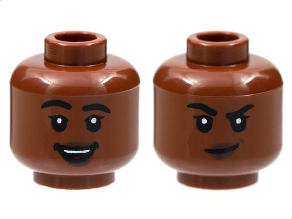 Minifigure, Head Dual Sided Female Black Eyebrows Thick, Single Eyelashes, Dark Brown Lips, Open Mouth Smile with Top Teeth and Red Tongue / Smirk Pattern - Hollow Stud