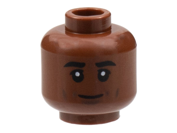 Minifigure, Head Thick Black Eyebrows, Dark Bluish Gray Cheek Lines and Chin Dimple, Closed Grin Pattern - Hollow Stud