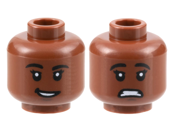 Minifigure, Head Dual Sided Female, Black Eyebrows, Dark Brown Chin Dimple, Open Mouth, Lopsided Smile / Scared Pattern - Hollow Stud