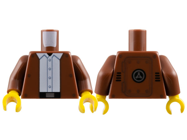 LEGO part Torso Jacket Open with Dark Brown Rivets over White Shirt with Buttons, Black Belt with Silver Buckle, Hinged Panel on Back Pattern / Reddish Brown Arms / Yellow Hands 973pb5645c01