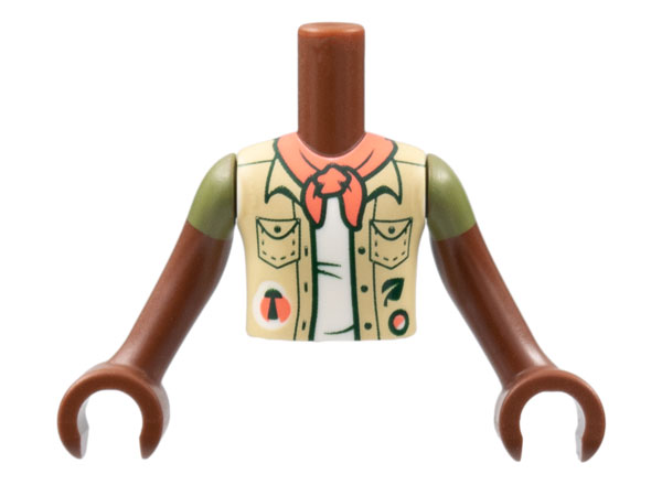 LEGO part Torso Mini Doll Boy Tan Vest over White Shirt, Coral Scarf Pattern, Reddish Brown Arms with Hands with Olive Green Short Sleeves FTBpb071c01