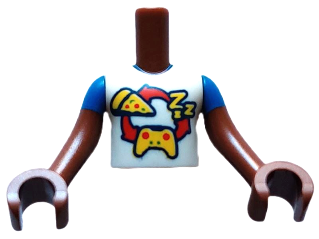 LEGO part Torso Mini Doll Boy White Shirt with Red Curved Arrows and Yellow 'ZZZ', Pizza, and Game Controller Pattern, Reddish Brown Arms with Hands with Blue Short Sleeves FTBpb086c01