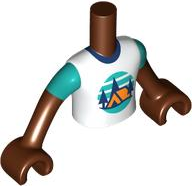 LEGO part Torso Mini Doll Boy White T-Shirt with Orange Tent, Dark Blue Trees, Dark Turquoise Sky and Ground Pattern, Reddish Brown Arms with Hands with Dark Turquoise Short Sleeves FTBpb121c01