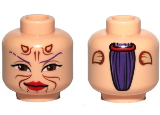Minifigure, Head Alien with SW Sugi, Large Brown Eyes, Red Lips and Cheek Lines, Dark Purple Hair on Back Pattern