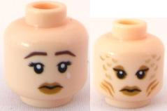 Minifigure, Head Dual Sided Female Mermaid with Dark Brown Sad Eyebrows and Tear / Scales and Gills Pattern
