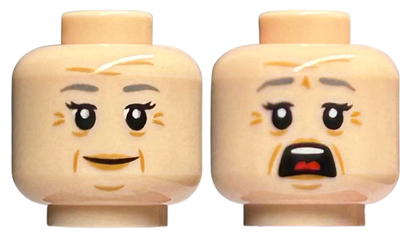 Minifigure, Head Dual Sided Female Dark Bluish Gray Eyebrows, Wrinkles, Smile / Open Mouth Scared Pattern