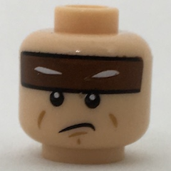 Minifigure, Head Reddish Brown Headband with Squinted Batman Eyes, Sad Mouth Pattern