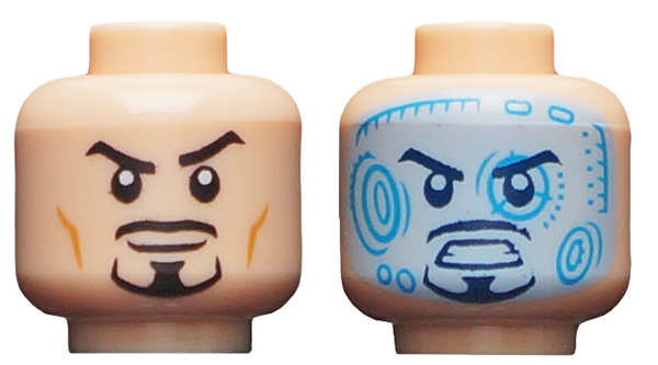 Minifigure, Head Dual Sided Black Eyebrows and Goatee, Raised Eyebrow / Bright Light Blue and Dark Azure Head-Up Display Pattern