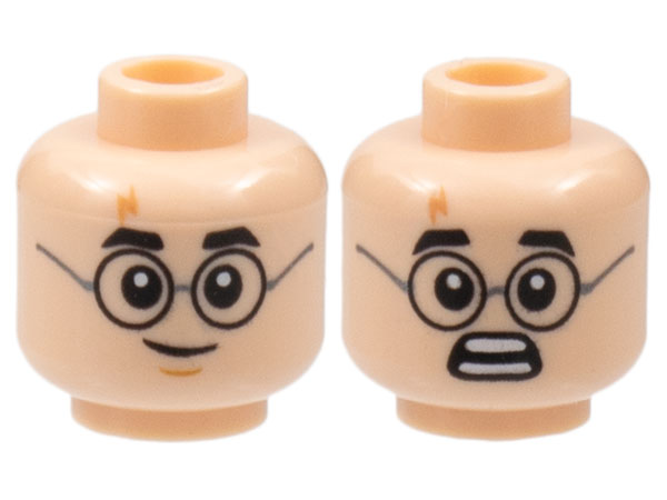Minifigure, Head Dual Sided Black Thick Eyebrows and Round Glasses, Lightning Scar, Grin with Medium Nougat Chin Dimple / Scared Open Mouth with Teeth Parted Pattern