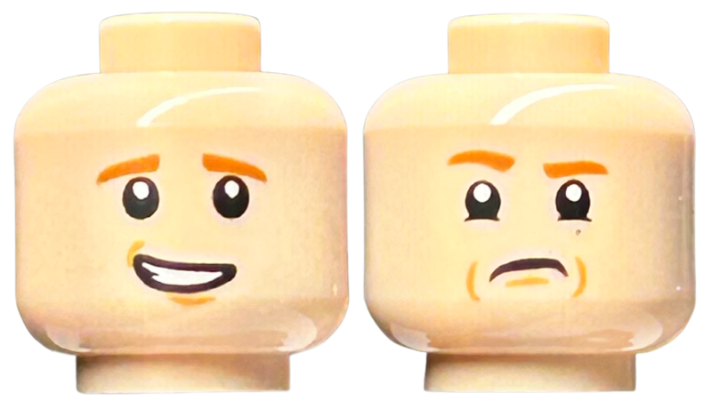 Minifigure, Head Dual Sided Dark Orange Eyebrows, Medium Nougat Chin Dimple, Lopsided Open Mouth Smile with Teeth / Angry with Frown Pattern - Hollow Stud