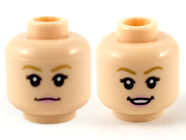 Minifigure, Head Dual Sided Female, Dark Tan Eyebrows, Bright Pink Lips, Neutral / Smile Showing Teeth Pattern - Hollow Stud