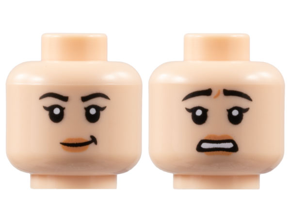 Minifigure, Head Dual Sided Female, Black Eyebrows, Peach Lips, Lopsided Grin / Scared Pattern - Hollow Stud
