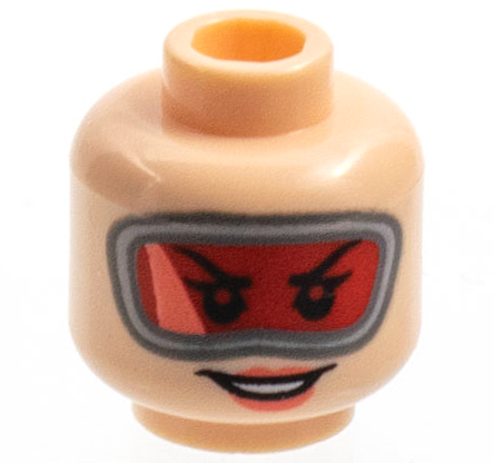 Minifigure, Head Female Red Large Goggles, Coral Lips, Open Smile Pattern - Hollow Stud