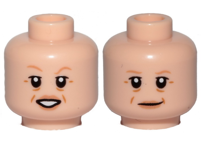 Minifigure, Head Dual Sided Female, Nougat Eyebrows, Cheek Lines, Lips, Open Mouth Smile / Smile Pattern - Hollow Stud