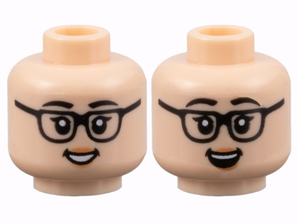 Minifigure, Head Dual Sided Female, Black Eyebrows and Glasses, Peach Lips, Grin with Teeth / Open Mouth Smile Pattern - Hollow Stud