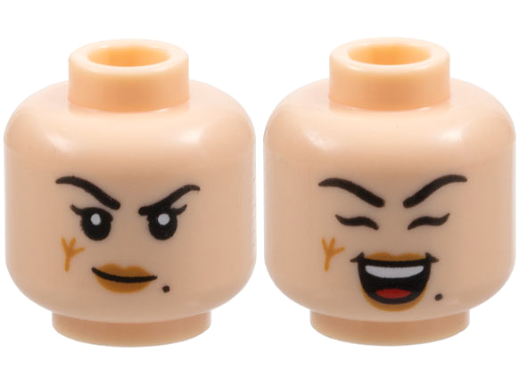 LEGO onderdeel Minifigure, Head Dual Sided Female Black Eyebrows, Beauty Mark, Medium Nougat Lips, Scar, Lopsided Grin / Open Mouth Smile and Closed Eyes Pattern - Vented Stud 3626pb3683