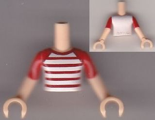LEGO part Torso Mini Doll Boy White T-Shirt with Red and White Stripes Pattern, Light Nougat Arms with Hands with Red Short Sleeves FTBpb009c01