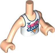 LEGO part Torso Mini Doll Boy White Shirt with Metallic Light Blue Writing, Dark Blue Trim and Palm Trees Pattern, Nougat Arms with Hands FTBpb093c01