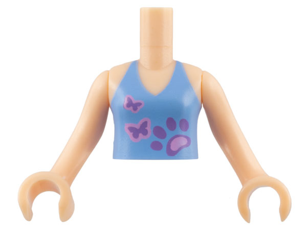 Torso Mini Doll Girl Medium Blue Halter Top with Paw and 2 Butterflies Pattern, Light Nougat Arms with Hands