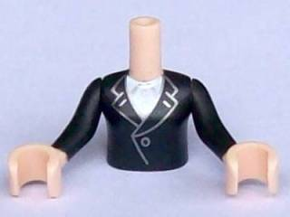 Torso Mini Doll Girl Black Jacket with White Blouse Pattern, Light Nougat Arms with Hands with Black Sleeves