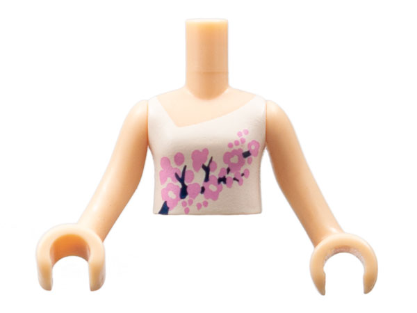 LEGO onderdeel Torso Mini Doll Girl White Vest Top with Bright Light Pink and Black Flowers Pattern, Light Nougat Arms with Hands FTGpb035c01