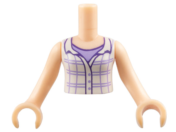 LEGO part Torso Mini Doll Girl White Plaid Button Top Sleeveless with Open Collar over Lavender Shirt Pattern, Light Nougat Arms with Hands FTGpb047c01