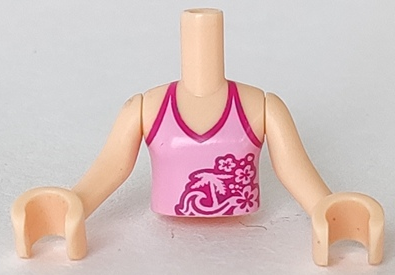 Torso Mini Doll Girl Bright Pink Halter Top with Palm Tree, Waves and Flowers Pattern, Light Nougat Arms with Hands