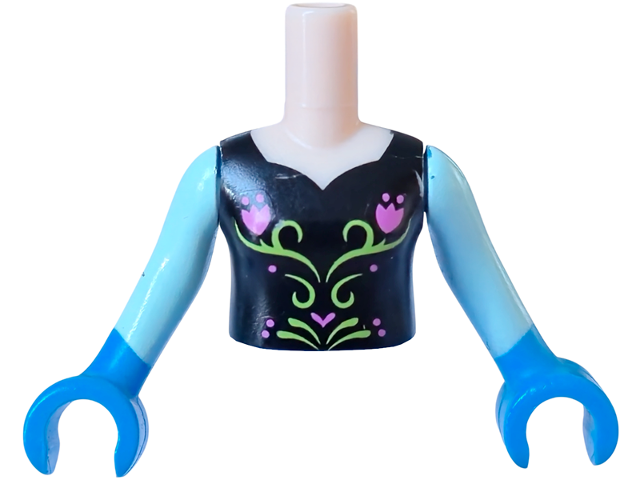 Torso Mini Doll Girl Black Top with Flower Pattern, Light Aqua Sleeves and Dark Azure Gloves